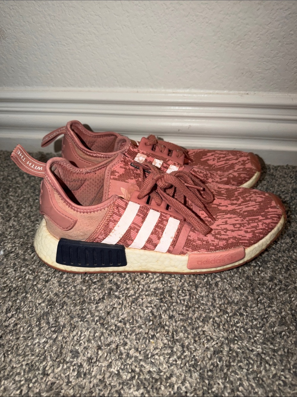 adidas Pink Coral NMD_R1 Athletic Sneakers with White Stripes